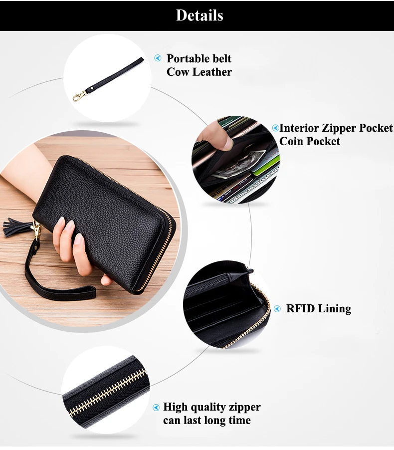 Lomelobo Unisex Tassel Long Wallet Genuine Leather Women Men Litchi Cowhide Leather portomonee Boy Girl Credit Card Holder Purse HPLA218 Details (03)