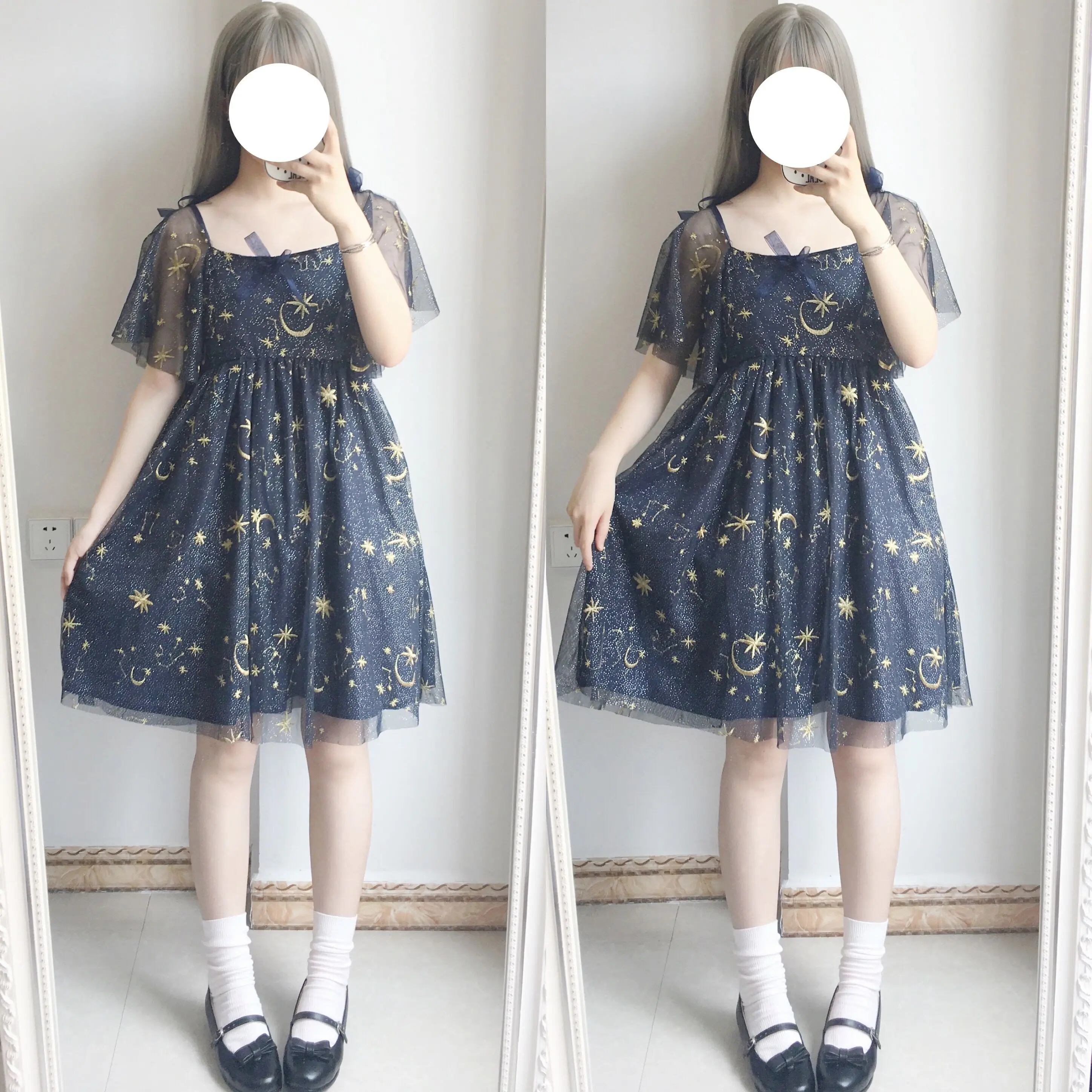 Japanese Harajuku Women Fairy Kawaii Lolita Dress Embroidery Moon Stars Gothic Dress Elegant Cute sweet Sequined Bow Dresses
