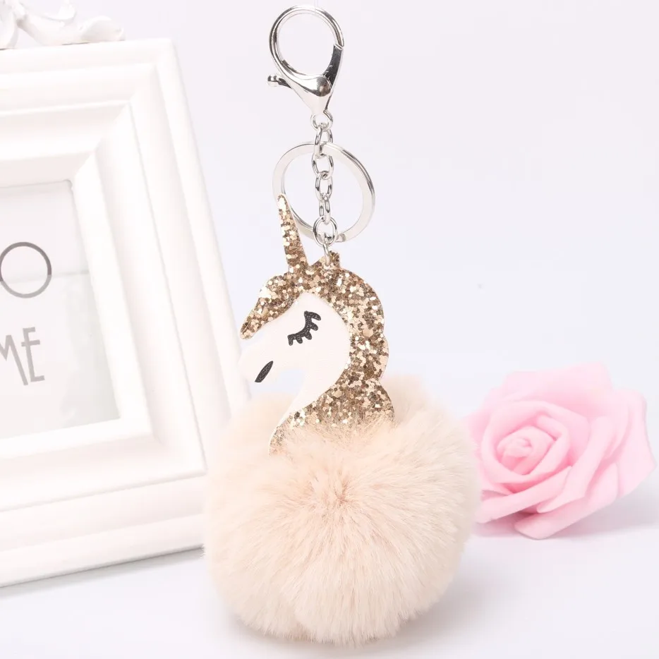 DROPSHIPPING Unicorn pompom Pendant Toy Rabbit fur ball Fluffy licorne Bag Car keyring for Girls Birthday Christmas Gift