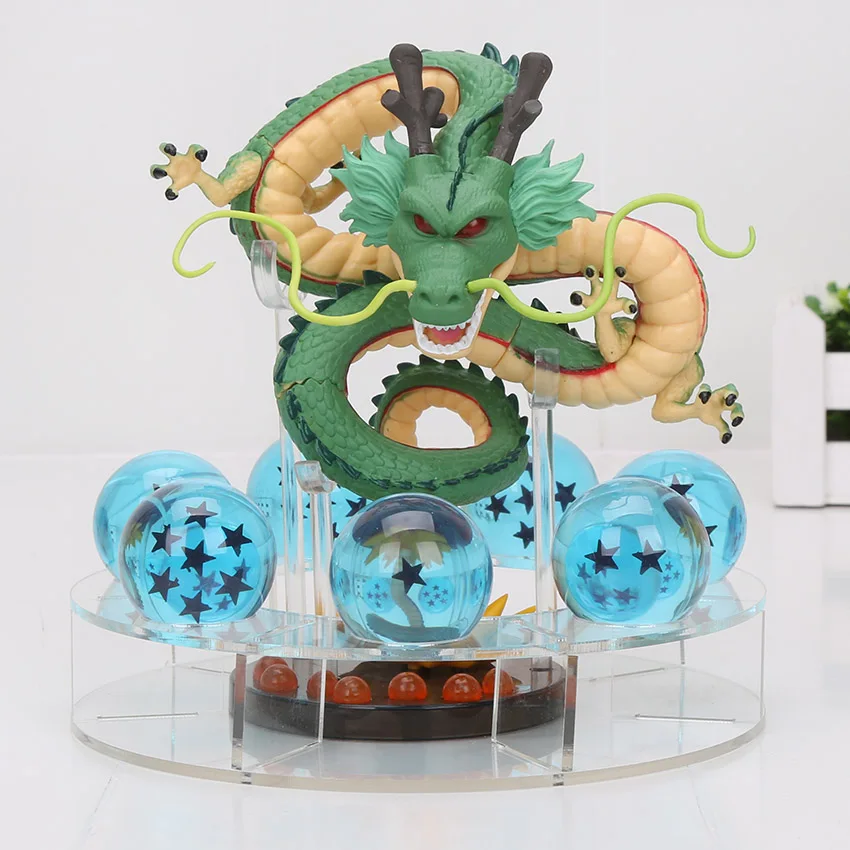 Dragon Ball Z Shenron ПВХ Фигурки игрушки Золотой Зеленый Дракон 7 шт. 3,5 см Драконий жемчуг Z хрустальные шары+ полка отличный подарок