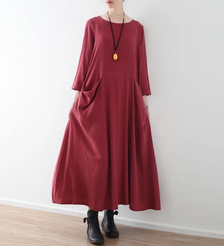 Plus Size Women Solid Black Red Dress Pockets Autumn New Casual Cotton Linen Loose O-Neck Vintage Long Sleeve Maxi Dress