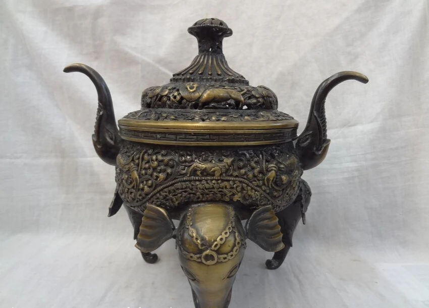 

S2923 12" Tibet Bronze Lion Unicorn Elephant Head Statue Flower Incense Burner Censer D0318