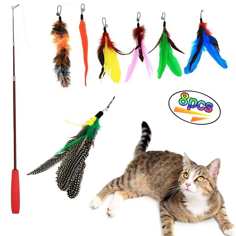8PCS Retractable Cat Toys Interactive Cat Toy Teaser Wand and Multi