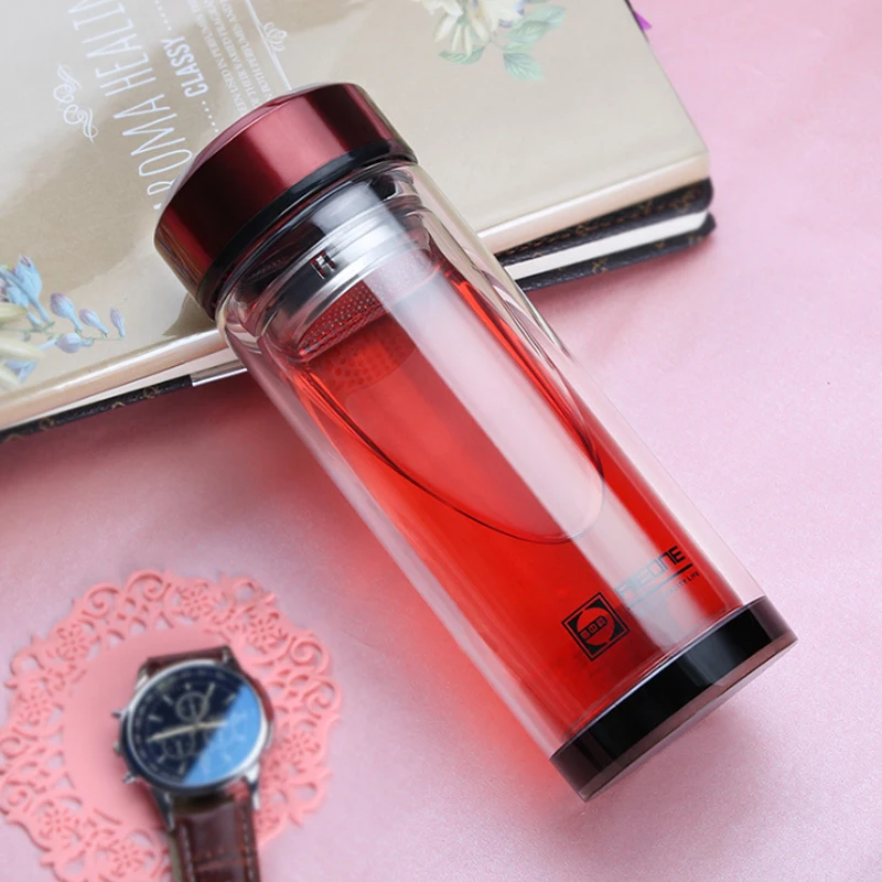 320ml 280ml Business Type Water Bottle Glass Bottle With Stainless Steel Tea Infuser Filter Double Wall Glass Sport Water Tumble