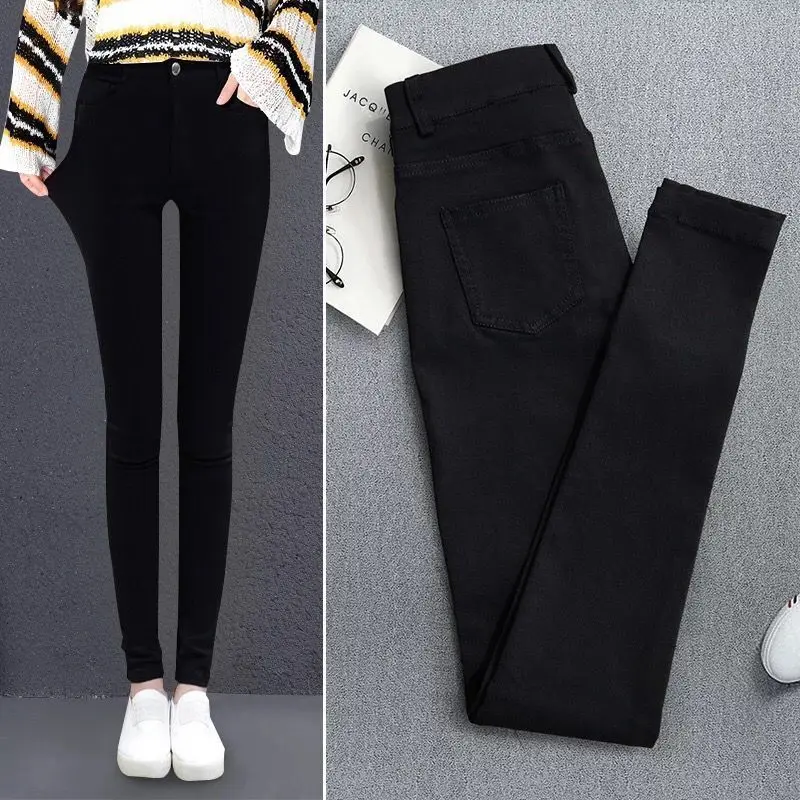 

2019 New Spring High Elastic Skinny Pencil Jeans leggings Elastic Black Plus Size Immitation Stretch Denim Pants Long Trousers