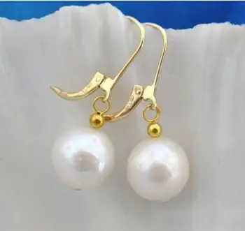 

Free shipping Natural 10-11mm Round White South Sea Pearl Dangle Earring 14 Gold