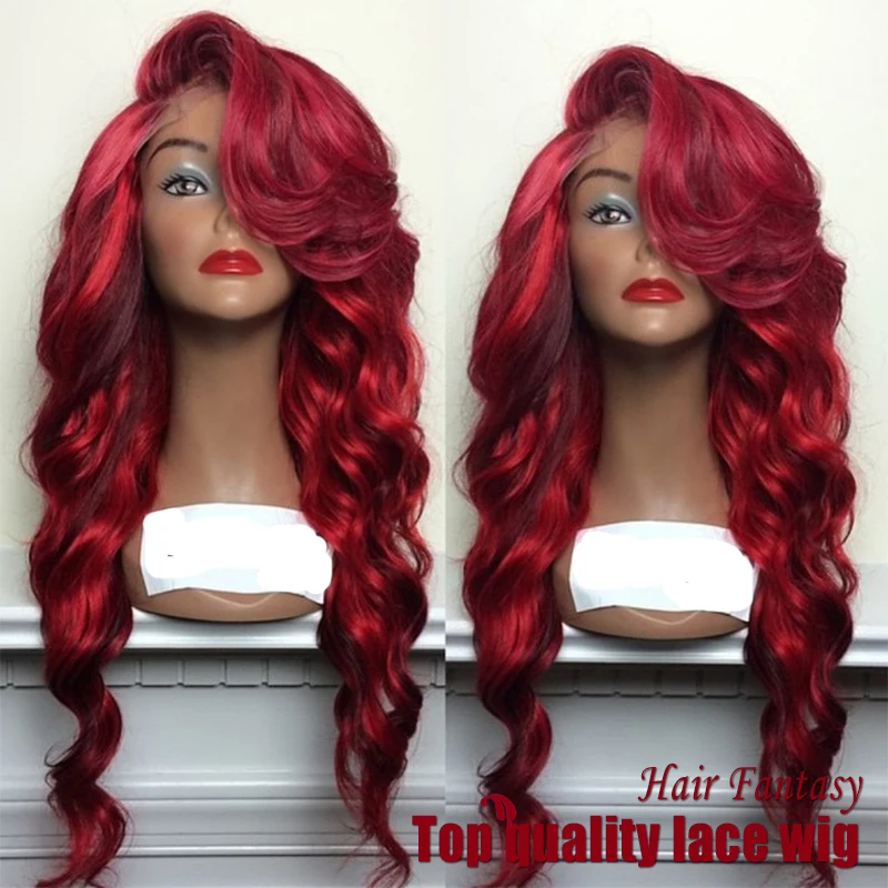 2015 New fashion synthetic body wave red wig synthetic lace front wig high quality women brazilian