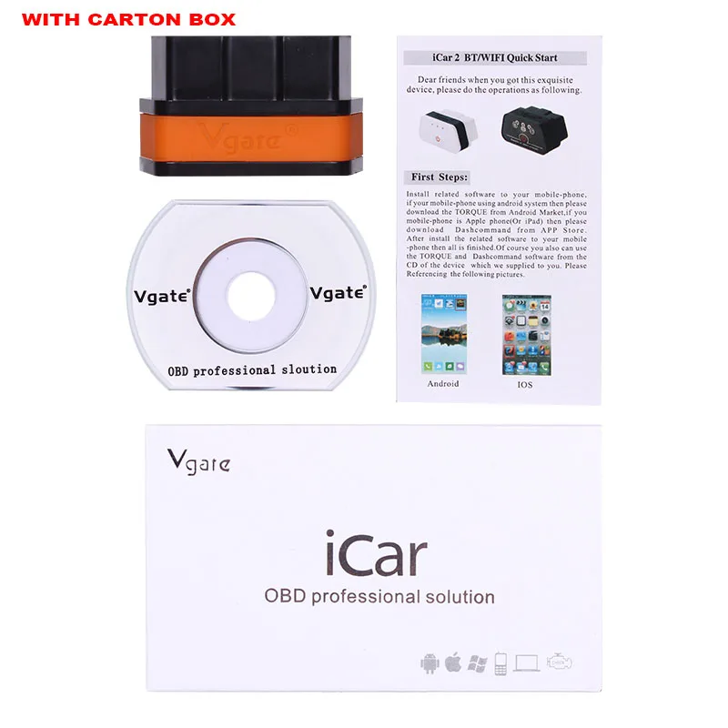 Новейший Vgate iCar2 Bluetooth ELM 327 ODB2 сканер Vgate iCar2 автоматический считыватель OBD кода сканер OBDII iCar Bluetooth лучше, чем ELM32 - Цвет: With Carton box