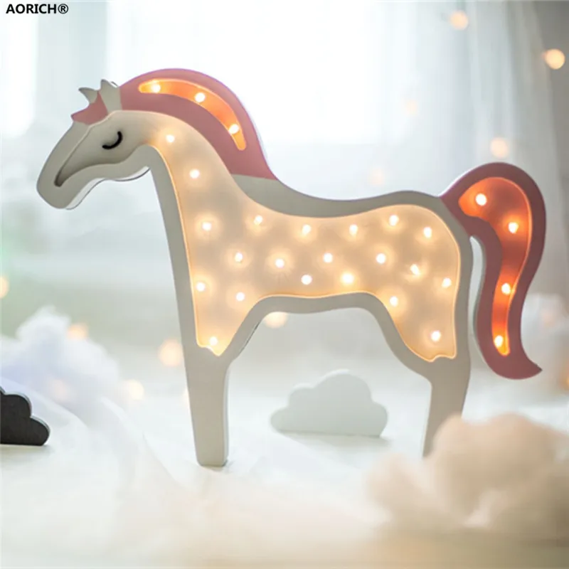 2pcs Cute Novelty Night Light Children Bedroom Nursery Wooden Unicorn