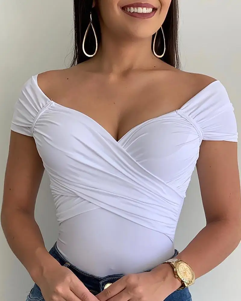 

Solid Short Sleeve Crisscross Design Bodysuit Summer Rompers Womens Jumpsuit Basic Playsuit Womens Tops