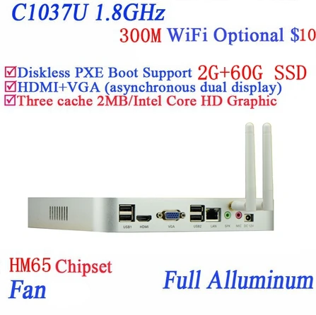 Реальная власть фракция Celeron 1037u Dual Core Full алюминиевый гостиная HTPC мини-ПК с USB * 4 HDMI RJ45 2 г Оперативная память 64 г SSD