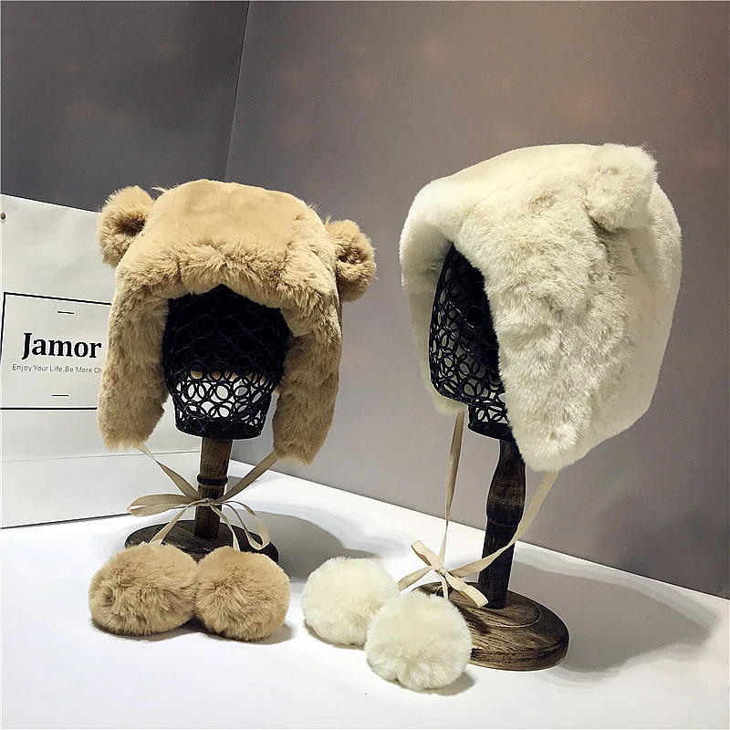 

Women Fluffy Warmer Winter Hats Cute Cartoon Bear Ears Plush Hat Casual Animal Caps Skullies Thick Fur Pom Poms Ball Beanies