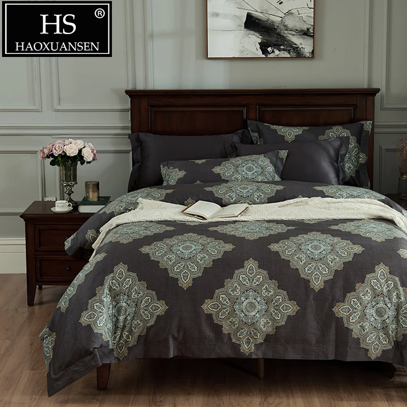 

100% Egyptian Cotton 100S Bedclothes Baroque Architecture Pattern Print 4pcs Bedding Set Cotton Satin Bed Linens Queen King Size