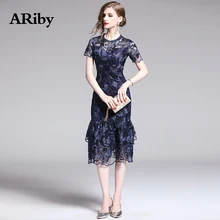 ARiby Women Vintage Lace Sheath Short Sleeve Fishtail Dress 2019 Summer New Fashion Lady Round Collar Embroidered Empire Dress stylish chainmail round collar long sleeve sheath dress for women