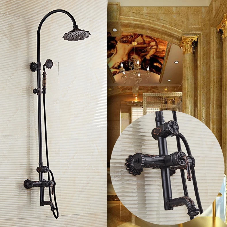 Luxury Black Oil Brushed Bathroom Brass Rain Shower Set, Shower Faucet