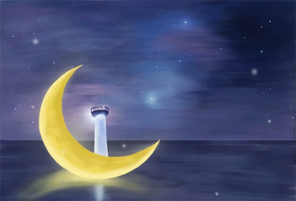 

Laeacco Moon Lighthouse Tower Sea Starry Baby Party Night Scenic Photography Backgrounds Photographic Backdrops For Photo Studio