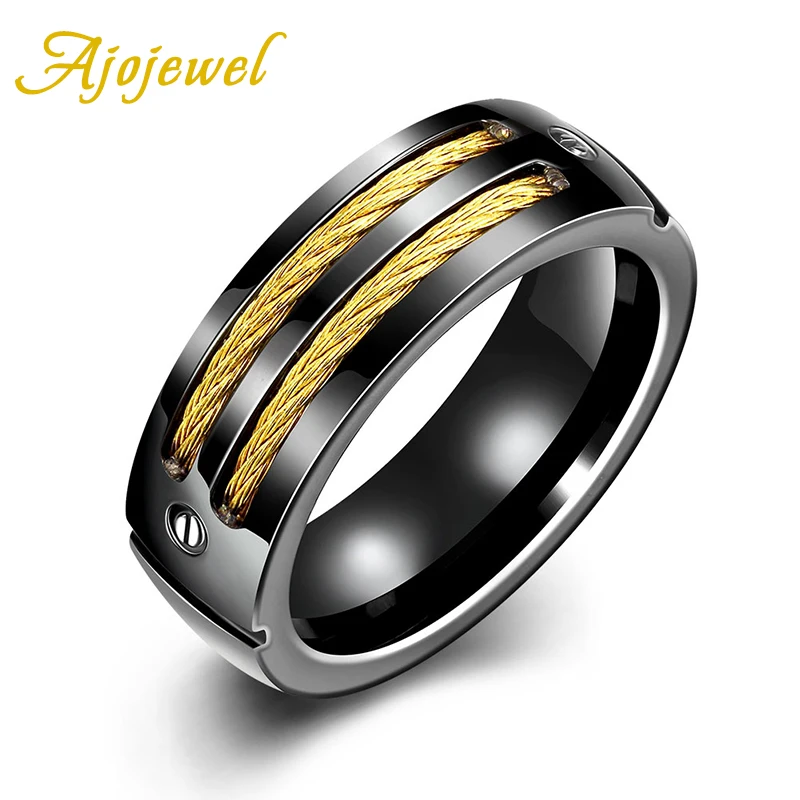 

Ajojewel 2016 New Arrival Unique Cool Simple 316L Titanium Steel Black Gold Finger Ring Men Brand