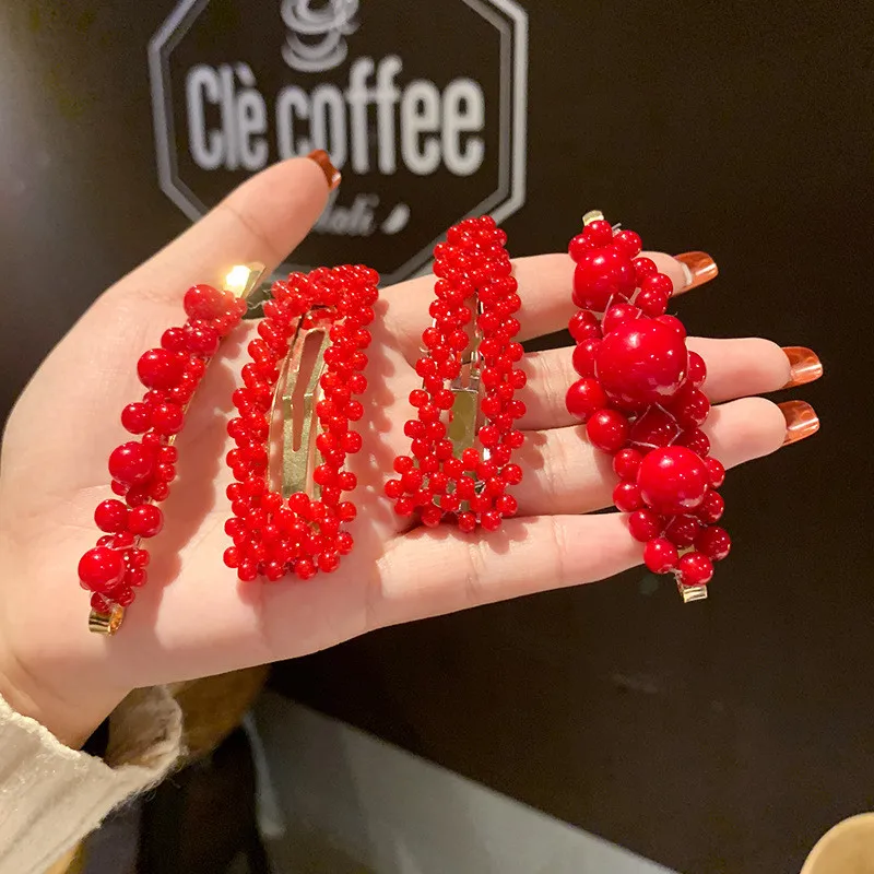 

2019 New Fashion Women Variety Red Color Pearl Hair Clip Snap Hair Stick Hairpin Hair Styling Accessories For Women Girls