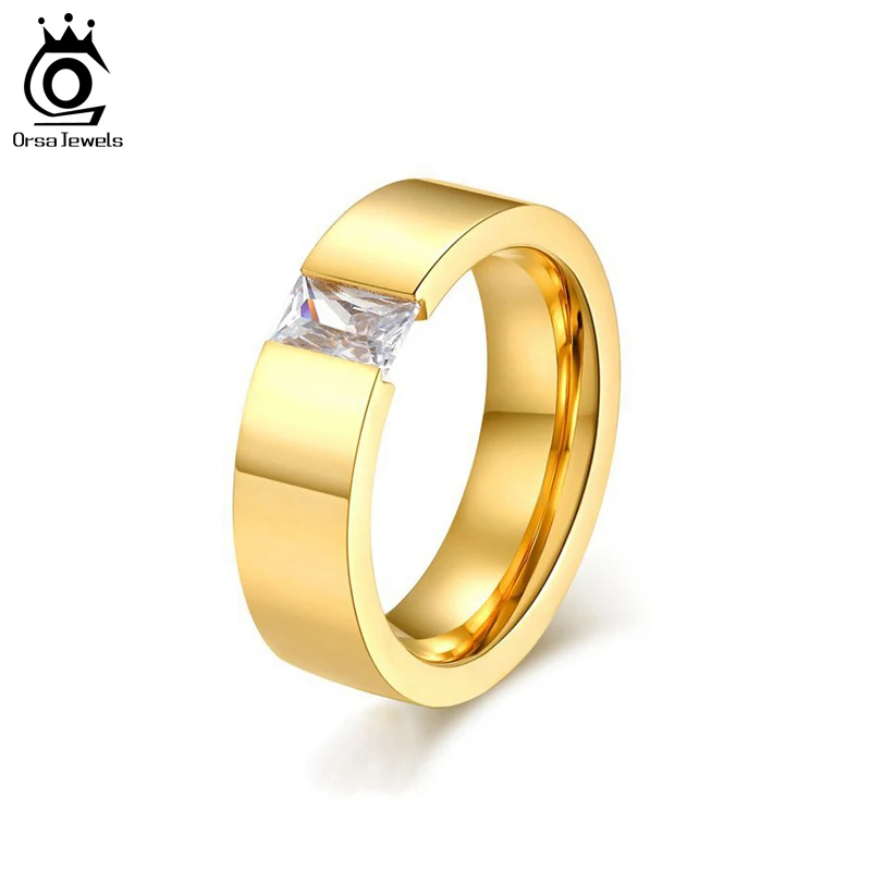 ORSA JEWELS Tension Setting Square Zircon Rings for Men Women Black Color&Gold-Color Stainless Steel Ring for Parties OTR78