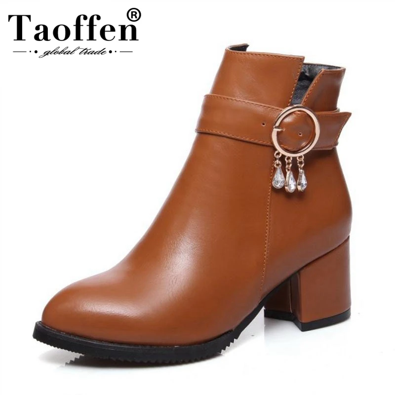 

Taoffen Size 32-43 Women Short Boots Crystal Fur Shoes Woman Winter Zipper Thick Heels Ankle Boots Fashion Ladies Footwear