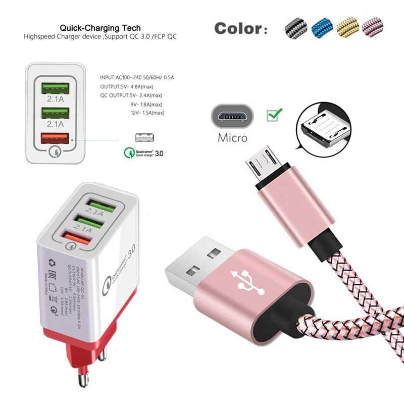 

QC 3.0 Fast Charger Wall Adapter Micro USB 5Pin Cable For Huawei Wiko U Feel Lite, Pulp, Slide 2, Pulp Fab, Fever Mobile Phone