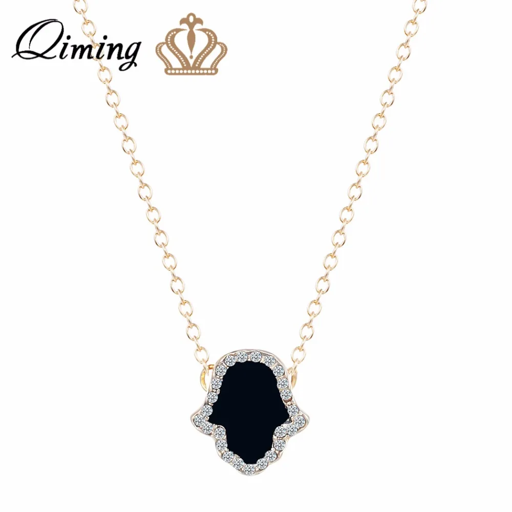 

QIMING 10pcs Hamsa Charm Pendant Necklace Black Onyx Hamsa Boho Choker Onyx Statement Crystal Necklace Onyx Hamsa Collier Femme