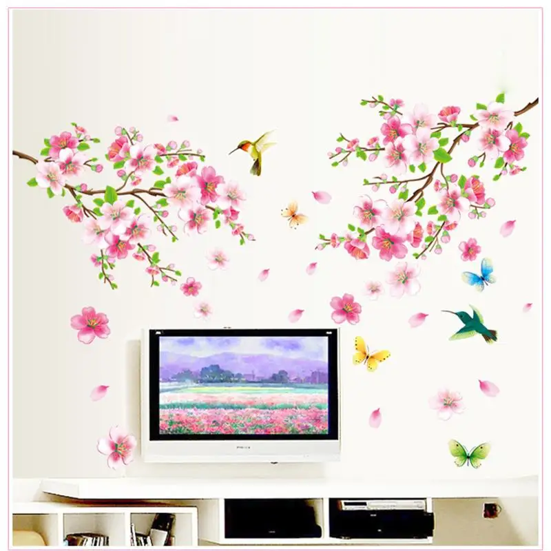 

hot sell sakura flowers wall stickers tv background room decorations 9158. diy home decals removable mural art print posters 3.5