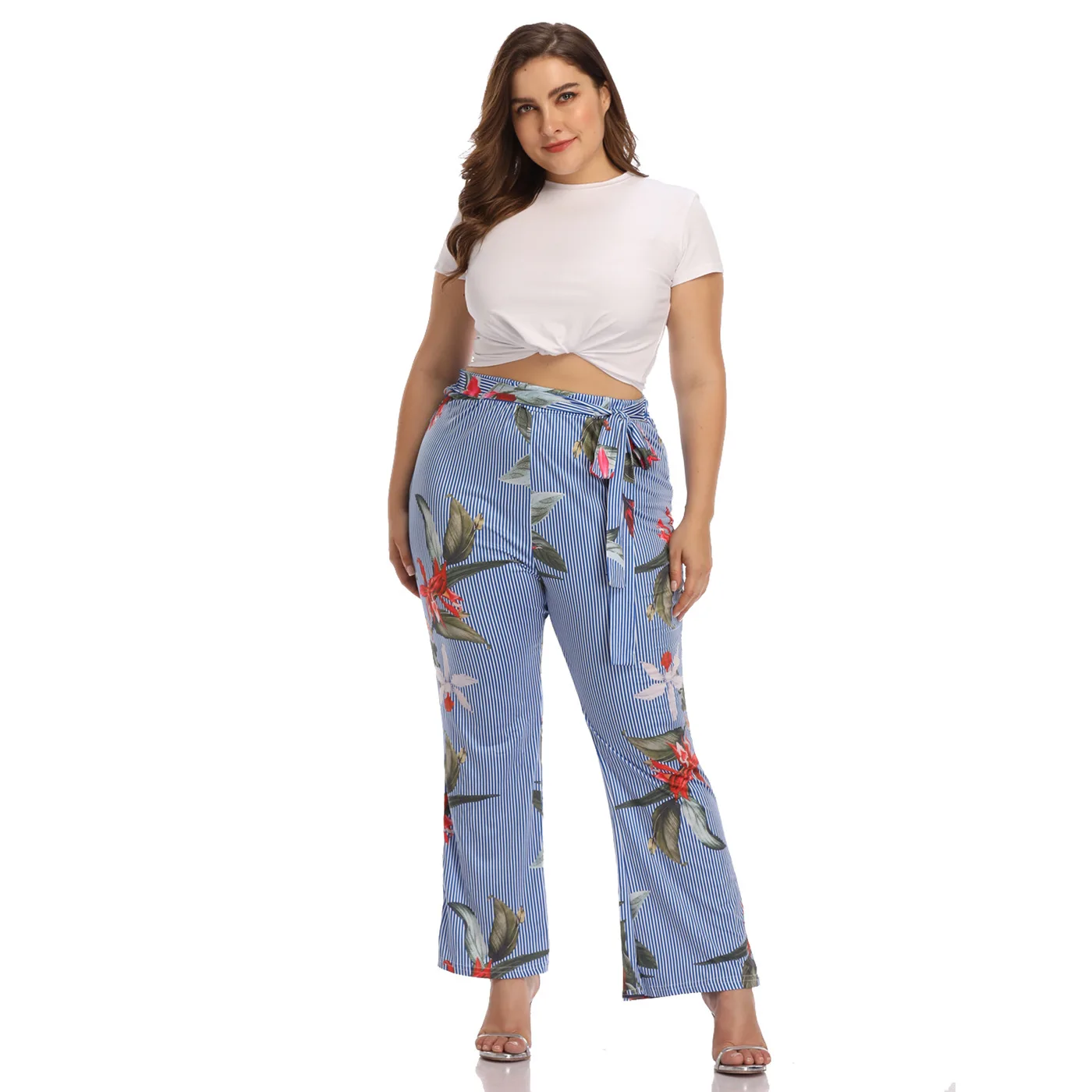 

MC 081 European And American Fashion Women's Stripes OL Commuter Slash Holiday Sexy Wide Leg Trousers Long Pants Casual Sweet