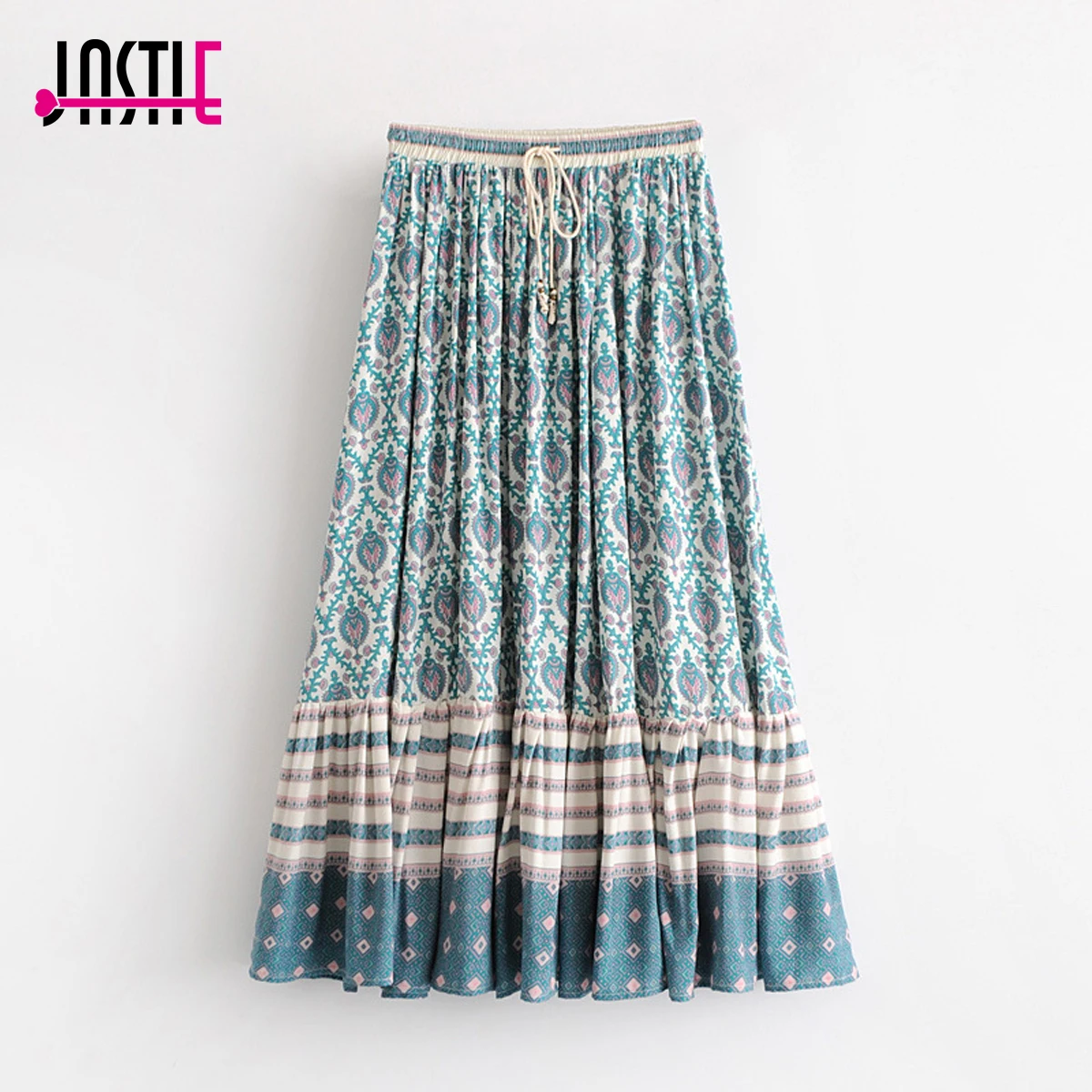 

Jastie 2019 Gypsy Oracle Boho Skirt Elastic Waist Print Midi Skirts Saia Big Ruffled Hem Chic Hippie Women Skirt Female Jupe