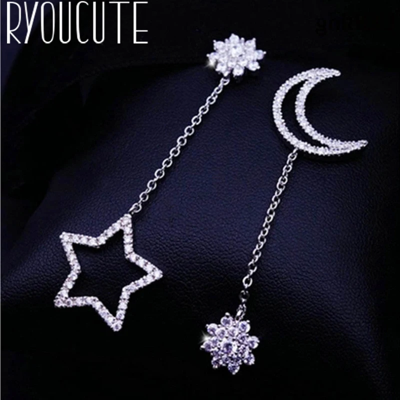 

New Arrivals Crystal Moon Star Asymmetric 925 Sterling Silver Stud Earrings For Women Jewelry Pendientes Brincos