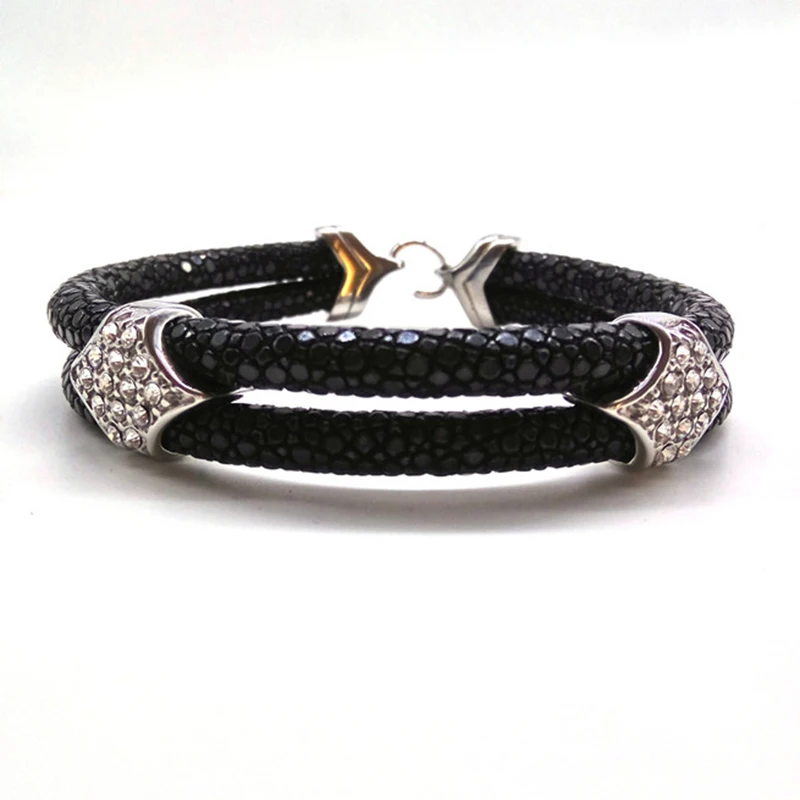 Модный двухслойный браслет из настоящей тайландской кожи 5 мм, черный браслет из кожи ската, полированный браслет из нержавеющей стали с белым цирконием