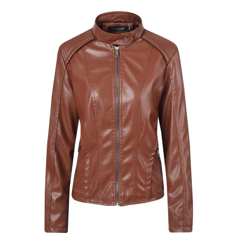 

Fashionable leather jacket for women Spring Autumn 2019 short Color stand-up collar Zippers jackets made of eco-leather.
