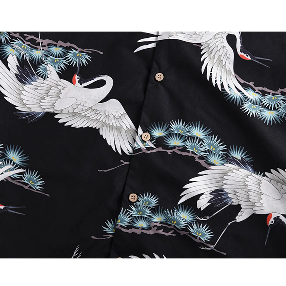 2019 Blusas Топ кран печатная рубашка с коротким рукавом Turn-Down Воротник Гавайский стиль блузки Men'sn винтажные рубашки лето рубашка хип-хоп