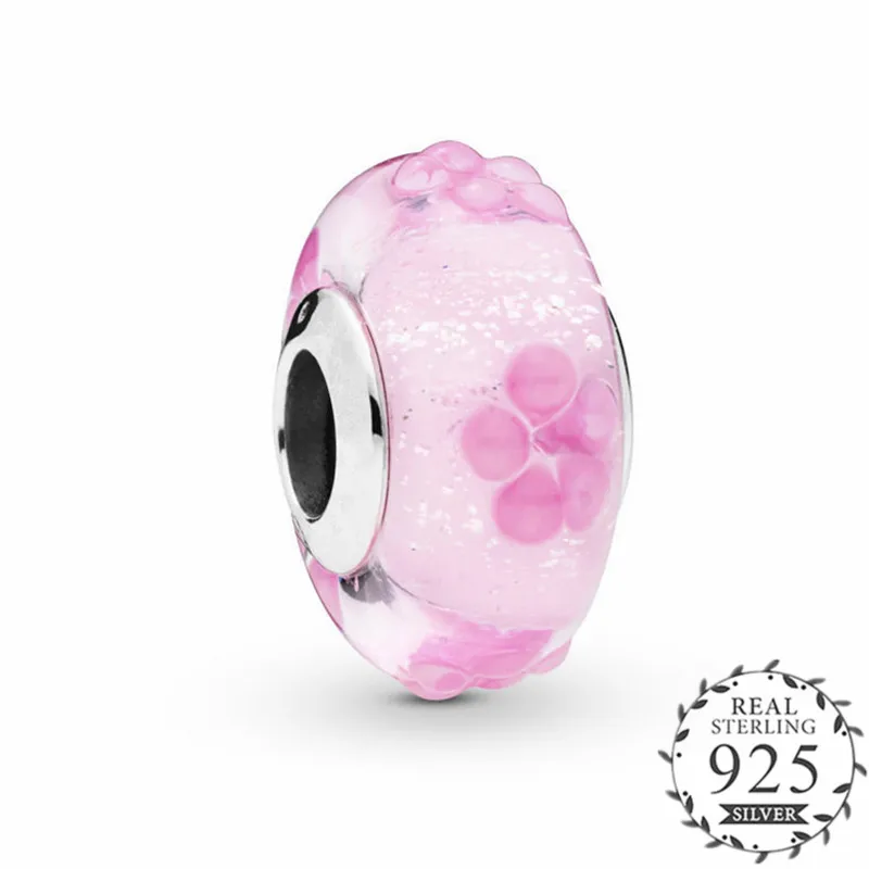 

PANDULASO 2019 Spring Pink Flower Murano Glass Charm fits Pandora Bracelets Charm Silver 925 Original Garden Glass Beads Women