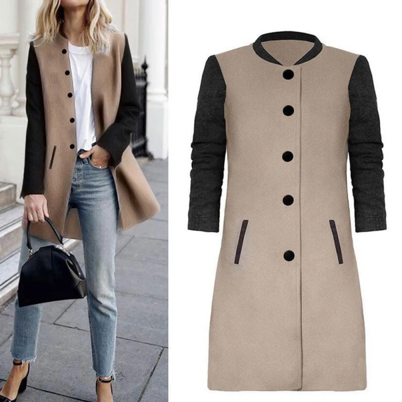 

Fashion Autumn Women Coats Round Neck Long Sleeve Solid Color outerwear Feminino Loose single Breasted 2018 Slim Thin Outerwear