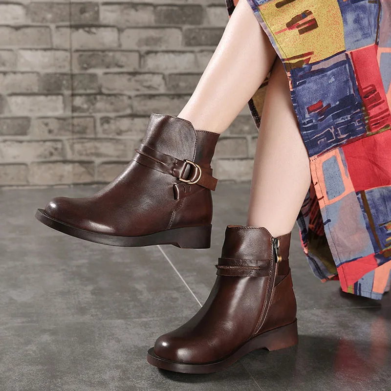 

Vintage original first layer cowhide women's shoes round head leather flat with side zipper Martin boots ladies shoes
