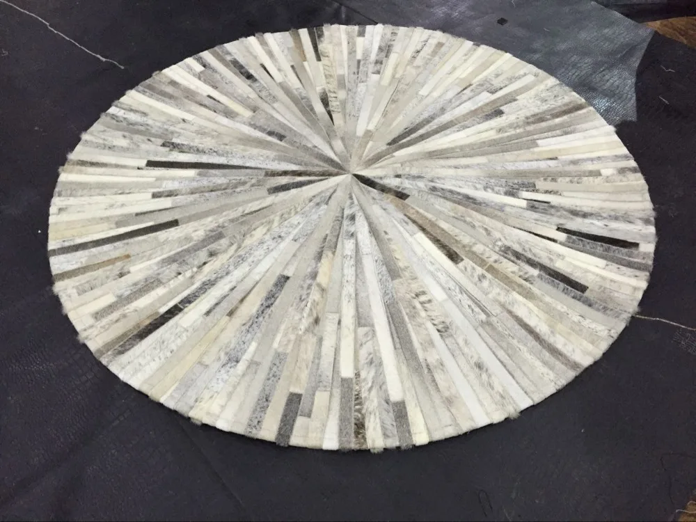 

White Beige Grey Round Circle Cowhide Fur Skin Handmade Patchwork Sewing Rug Natural Color Mixed Cow Hides
