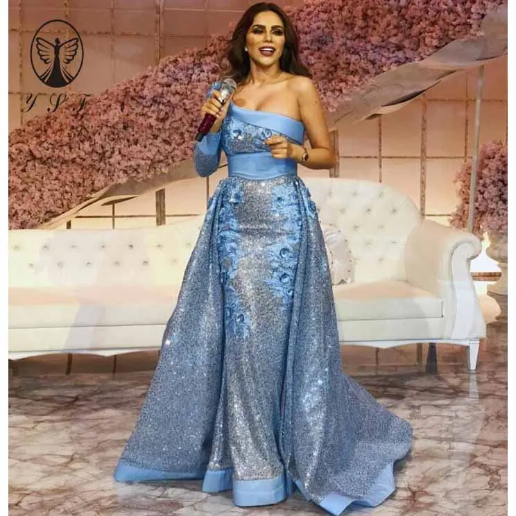 

Arabian Design Blue One Shoulder Appliqued 3D Flowers Sequin Lace Mermaid Prom Dresses with Overskirt 2019
