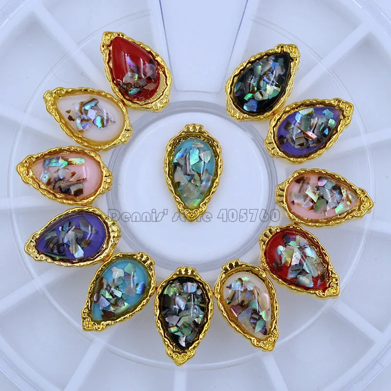 

12Pcs Gold Drop Frame Glitter Shell Amber Shape Acrylic Nail Art Rhinestones Decorations DIY Beauty Salon Wheel