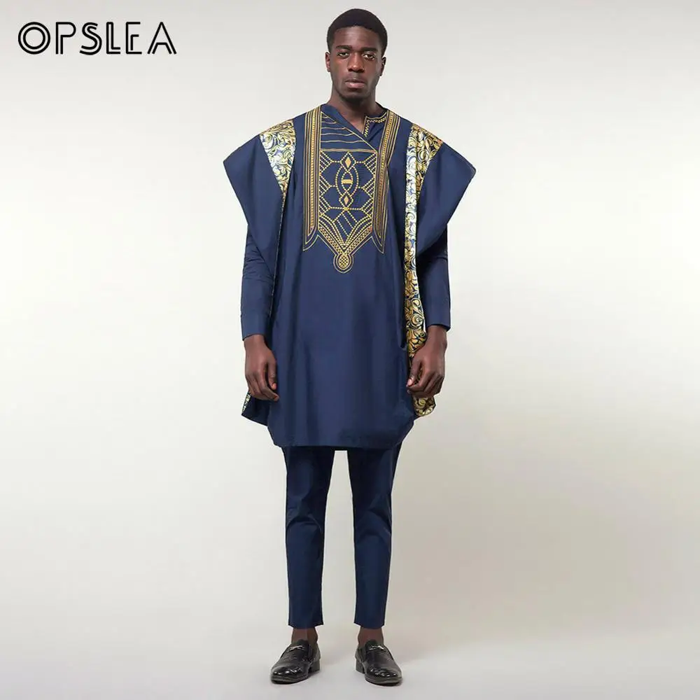 Opslea Agbada Африканский для мужчин печатных размера плюс рубашка Дашики Базен Riche костюмы Топы Брюки 3 шт. наборы Slim Fit формальный наряд Одежда