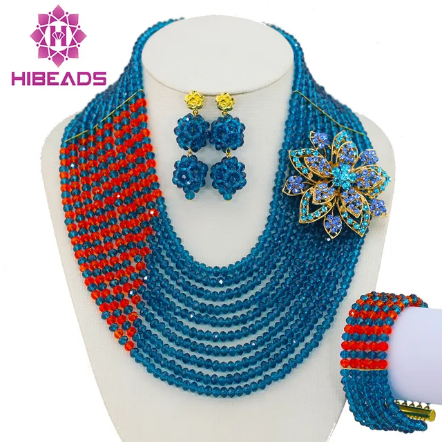 Teal Bleu Orange Mariage Nigérian Perles Africaines Ensemble de Bijoux Costume Africain Ensembles de Bijoux De