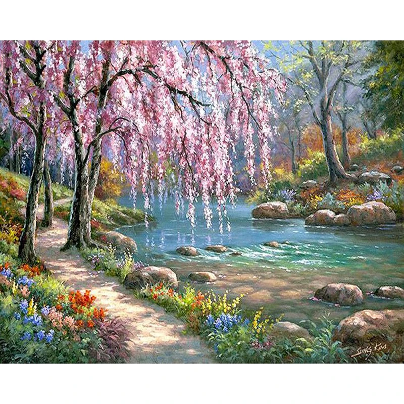 Romantic Creek Scenery DIY Digital Painting By Numbers Modern Wall Art