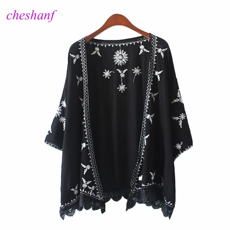 Cheshanf 2019 Summer Beach Kimono Cardigan Lace Embroidery Beach Sunscreen Shirt Loose Cardigan Cotton Blouse Femme