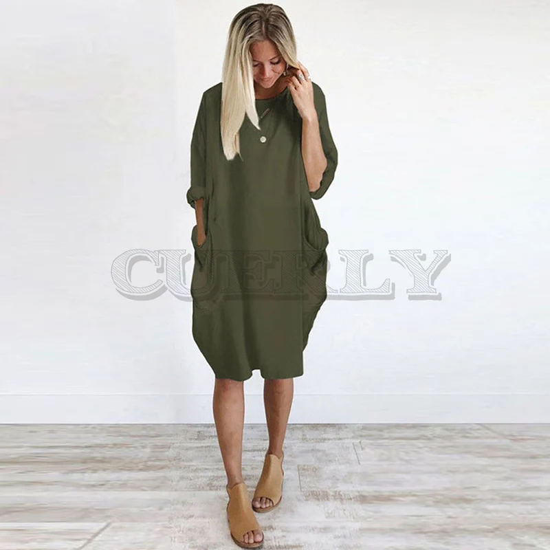 Image Womens Pocket Loose Dress Ladies Crew Neck Casual Oversized Dress Plus Size Big Dresses For Women Casual Beach Dress Pocket