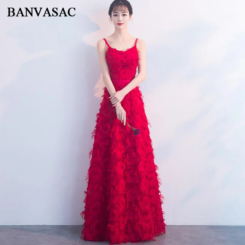 

BANVASAC Sweetheart Feathers A Line Long Evening Dresses 2018 Party Spaghetti Strap Sash Lace Backless Prom Gowns