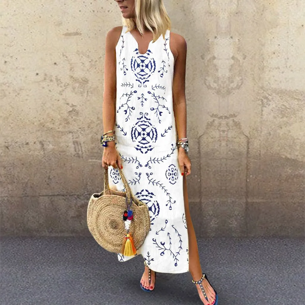 Womens Printed Maxi Dress Sleeveless V-neck Maxi Dress Split Hem Baggy Kaftan Long dresses woman party night vestidos verano NEW