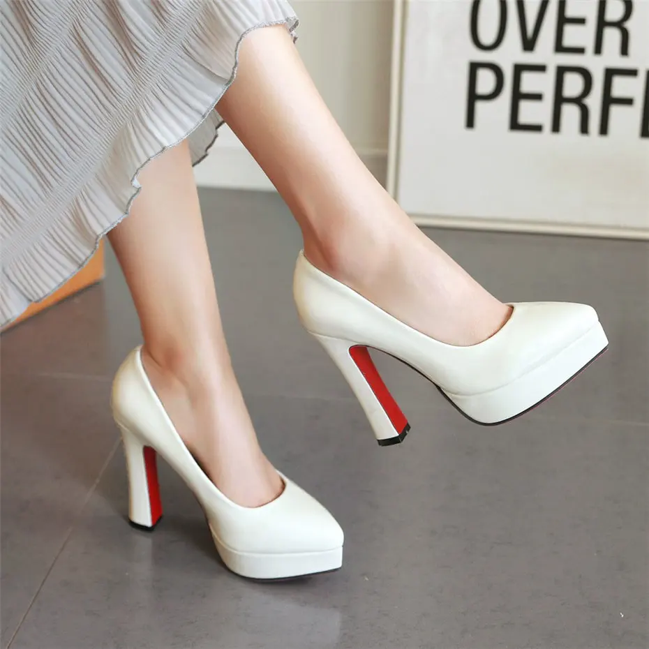 Г., офисные женские туфли-лодочки на платформе белые свадебные модельные туфли из лакированной кожи с острым носком на толстом каблуке 12 см Клубные женские туфли-лодочки