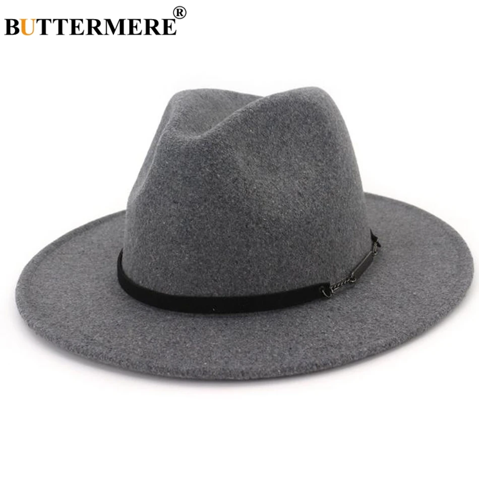 BUTTERMERE, мужские шерстяные шляпы с широкими полями, хаки, повседневная джазовая шляпа для женщин, с большими полями, с твердым поясом, осенняя мода, фетровые кепки черного цвета