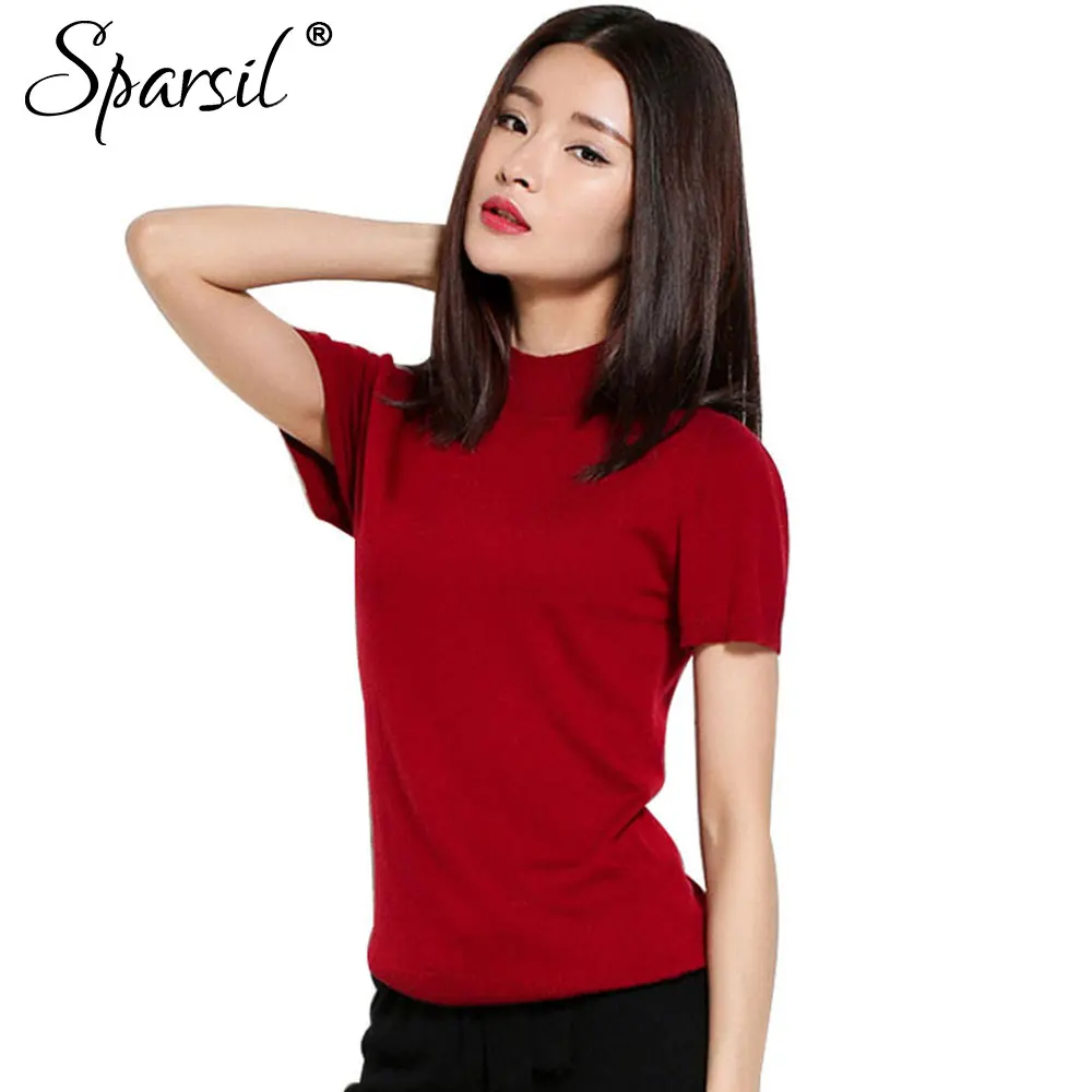 Sparsil ربيع المرأة نصف الطول س الرقبة قصيرة الأكمام سترة الصلبة القطن مزيج أسلوب سليم البلوز تريكو