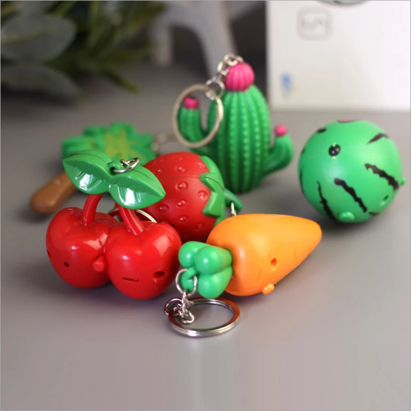 

50pcs/lot Sound & LED 3D Fruit Vegetable Carrot Strawberry Keychain Coconut Palm Keyring Watermelon Key Chain Cherry Key Rings